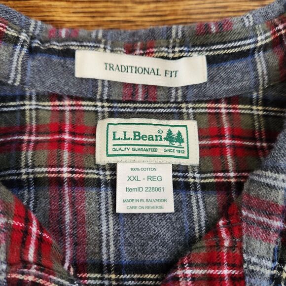 LL Bean Flannel Button Down Shirt XXL Mens Traditional Fit Scotch Plaid Gray Red - Picture 3 of 7
